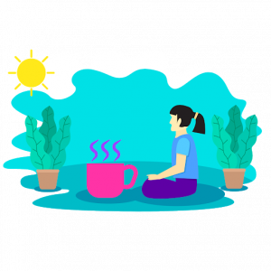 calm woman with coffee and plants